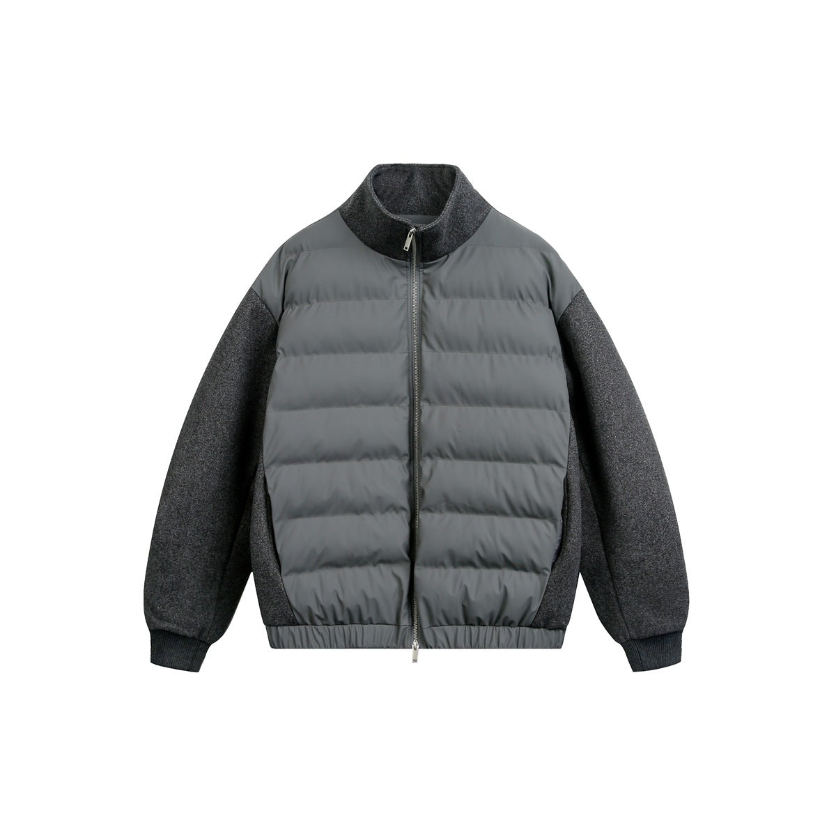 Gray stand-collar zip jacket with quilted puffy front panels and darker textured sleeves, flat front view