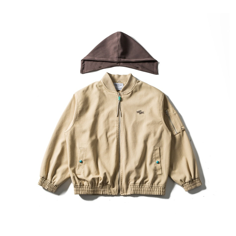 Front view of a beige zip-front jacket with a brown hood displayed separately above it.