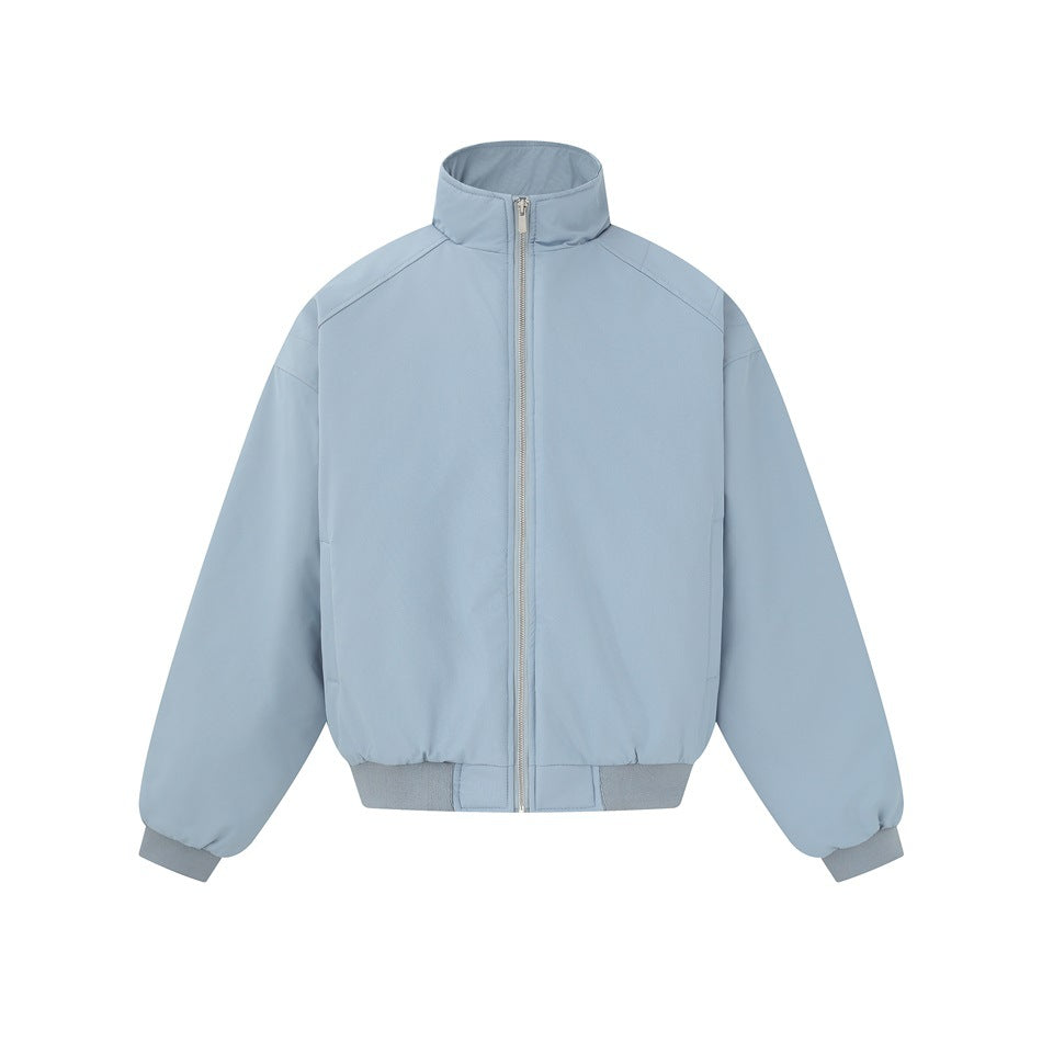 Gray-blue stand-collar zip-front bomber-style jacket with ribbed cuffs and hem, flat front view
