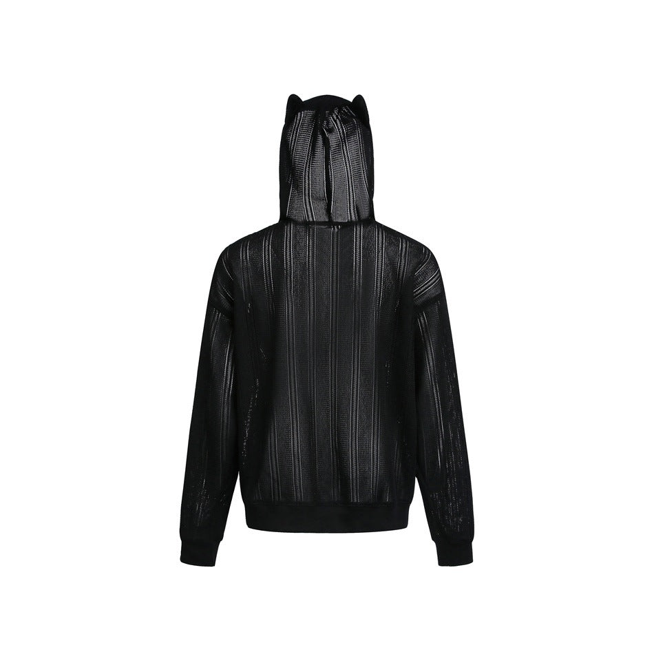 Back view of black sheer striped-knit hooded jacket with ear-shaped hood points and ribbed cuffs and hem