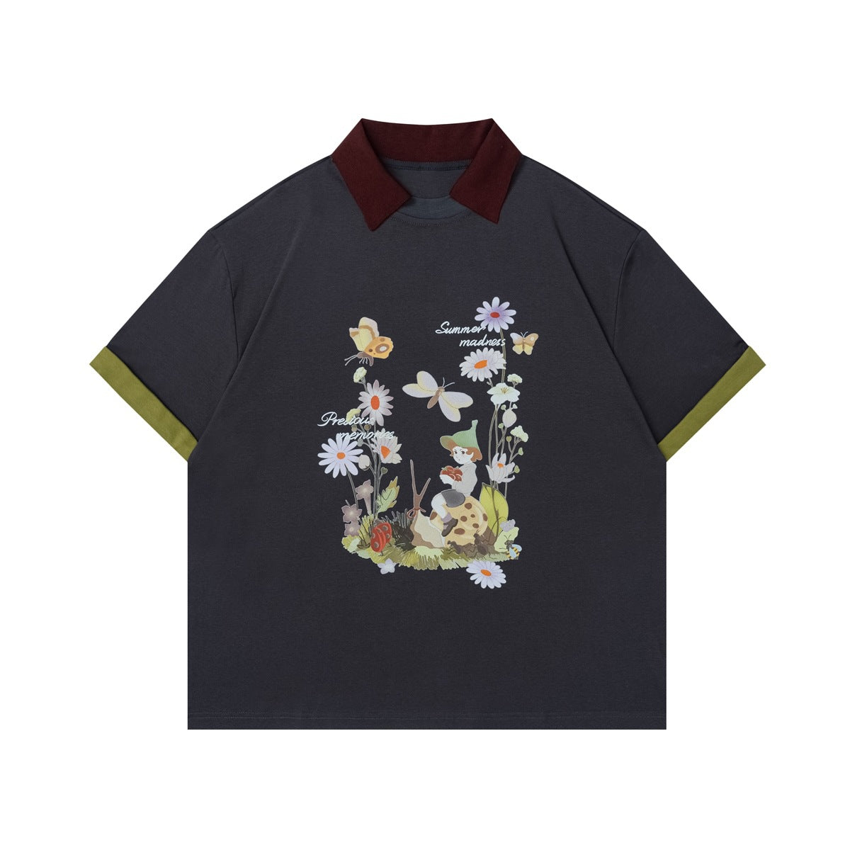 Gray short-sleeve tee with burgundy polo collar, olive cuffs and floral mushroom graphic print on the front