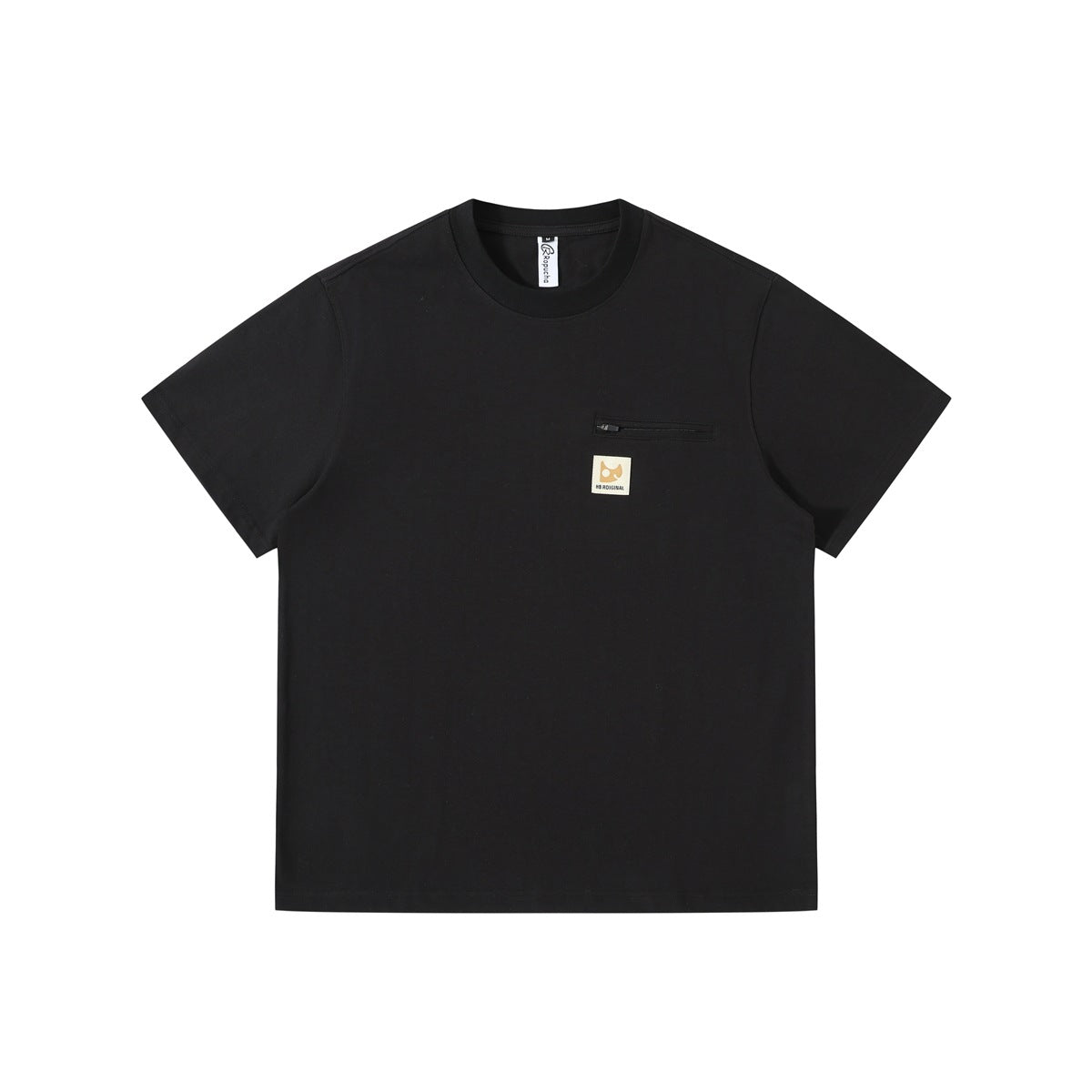 Black short-sleeve crew neck T-shirt with zip chest pocket and small square label, flat front view