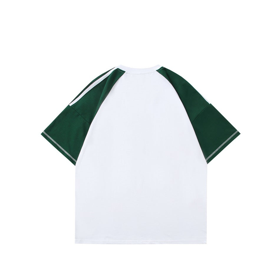 Back view of a white raglan T-shirt with dark green short sleeves and narrow white shoulder stripes.