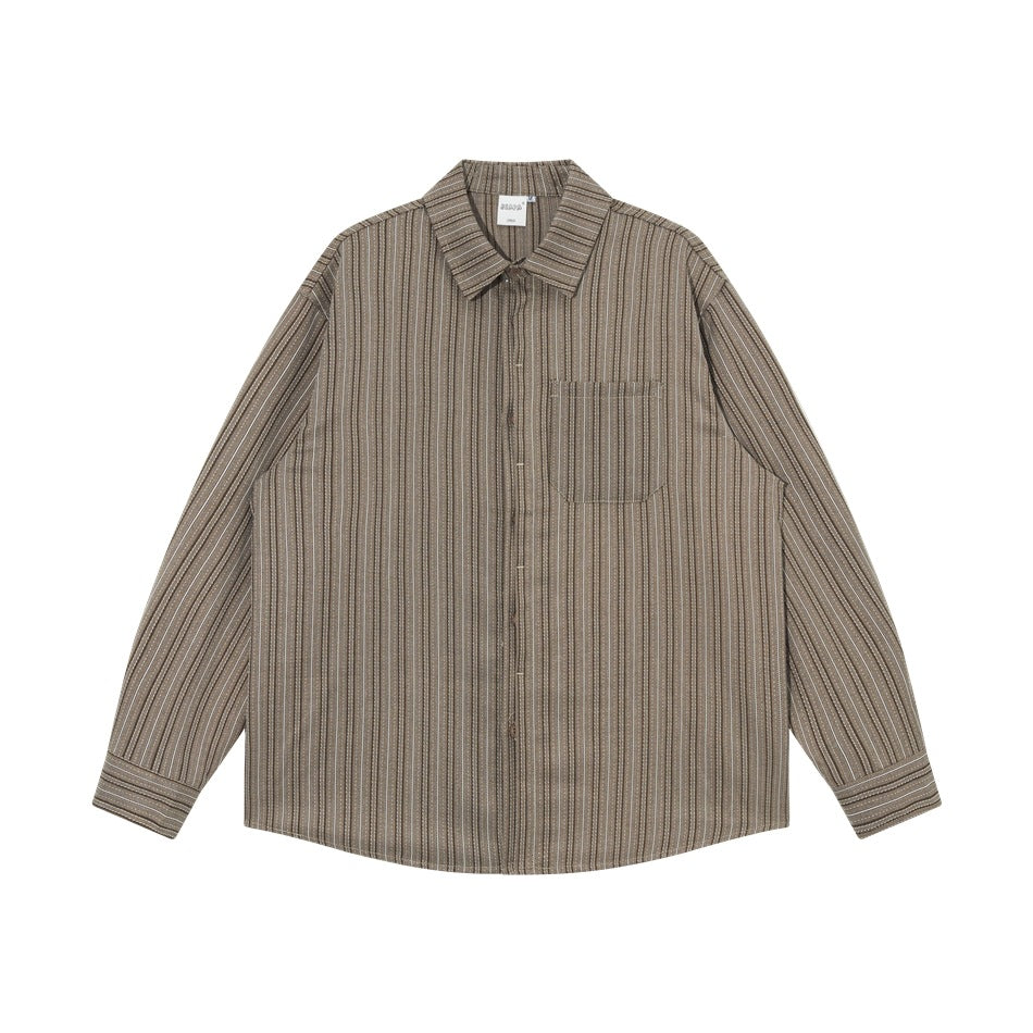 Khaki striped long-sleeve button-up shirt with chest pocket, flat front view