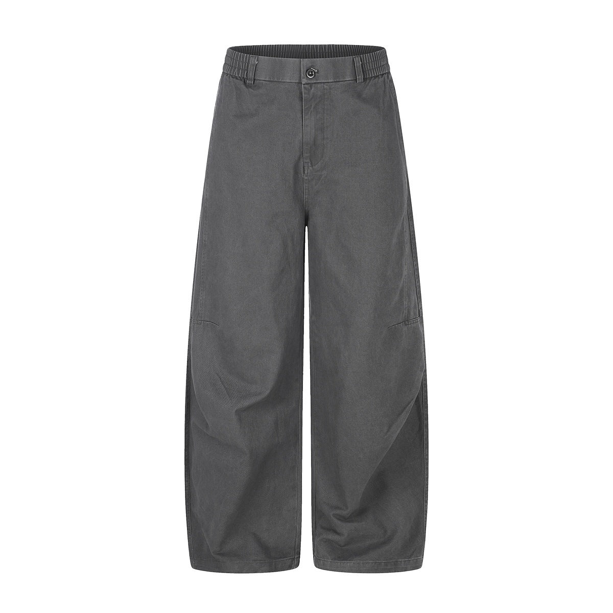 Dark gray wide-leg pants with elastic side waist, belt loops and button closure, front flat view
