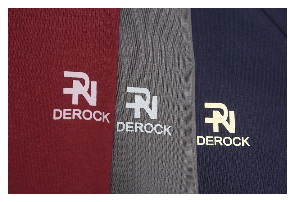 Burgundy, gray, and navy fabric panels, each printed with a contrasting DERock logo.