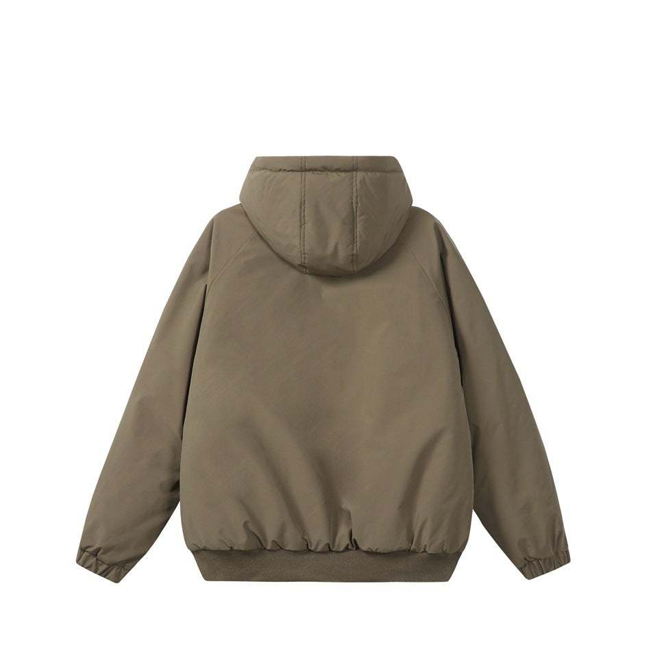Back view of a taupe hooded jacket with raglan sleeves, elastic cuffs, and a ribbed hem.