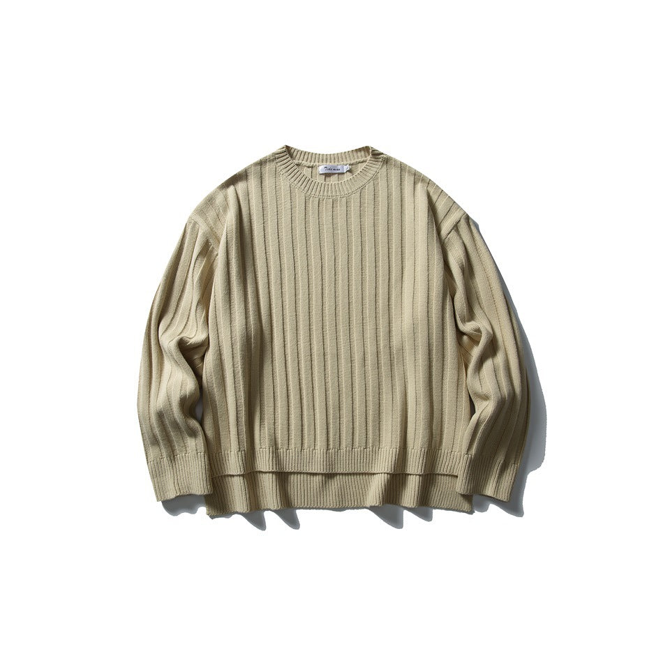 Khaki wide-rib crew-neck knit sweater flat lay, front view