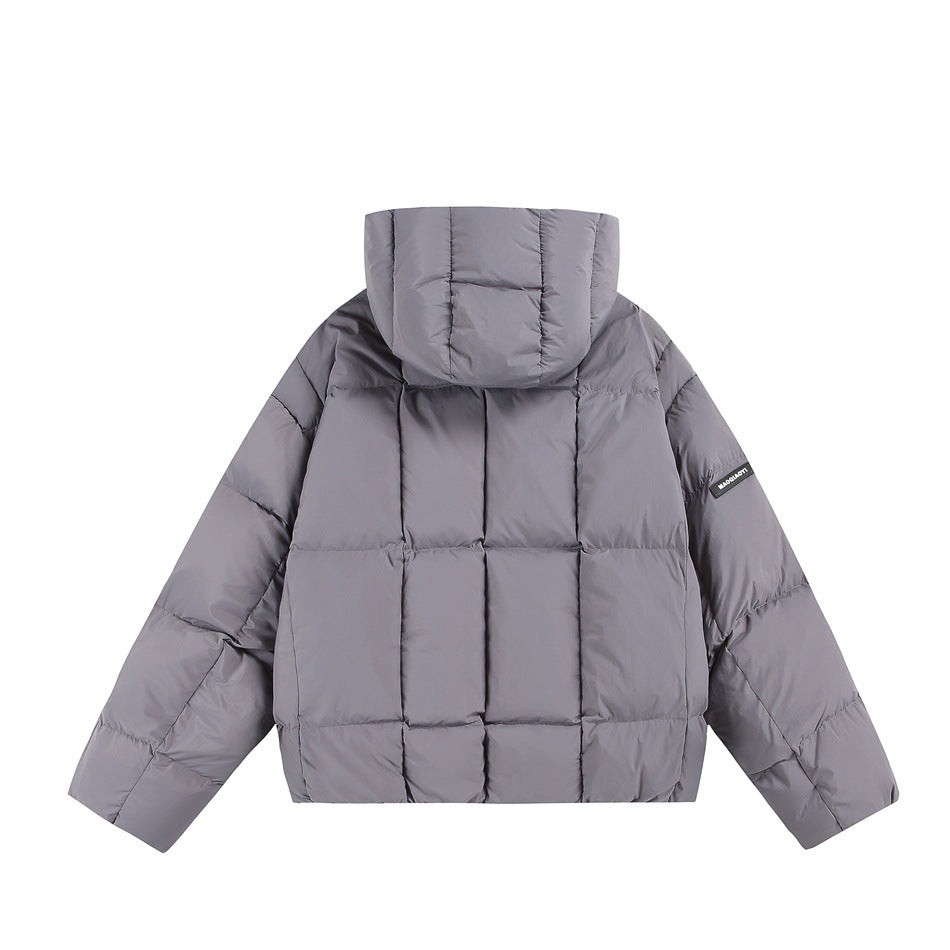 Back view of a gray hooded quilted jacket with a small black sleeve label.