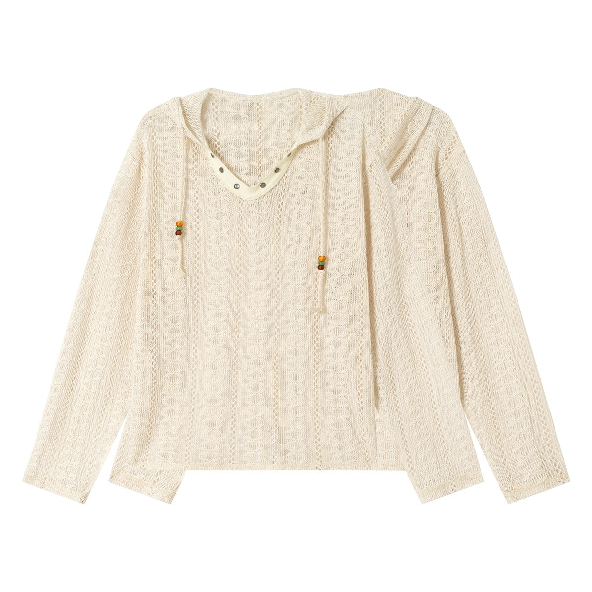 Cream open-knit hooded pullover with long sleeves, patterned vertical panels, snap-trimmed V-neck, and beaded drawstrings.