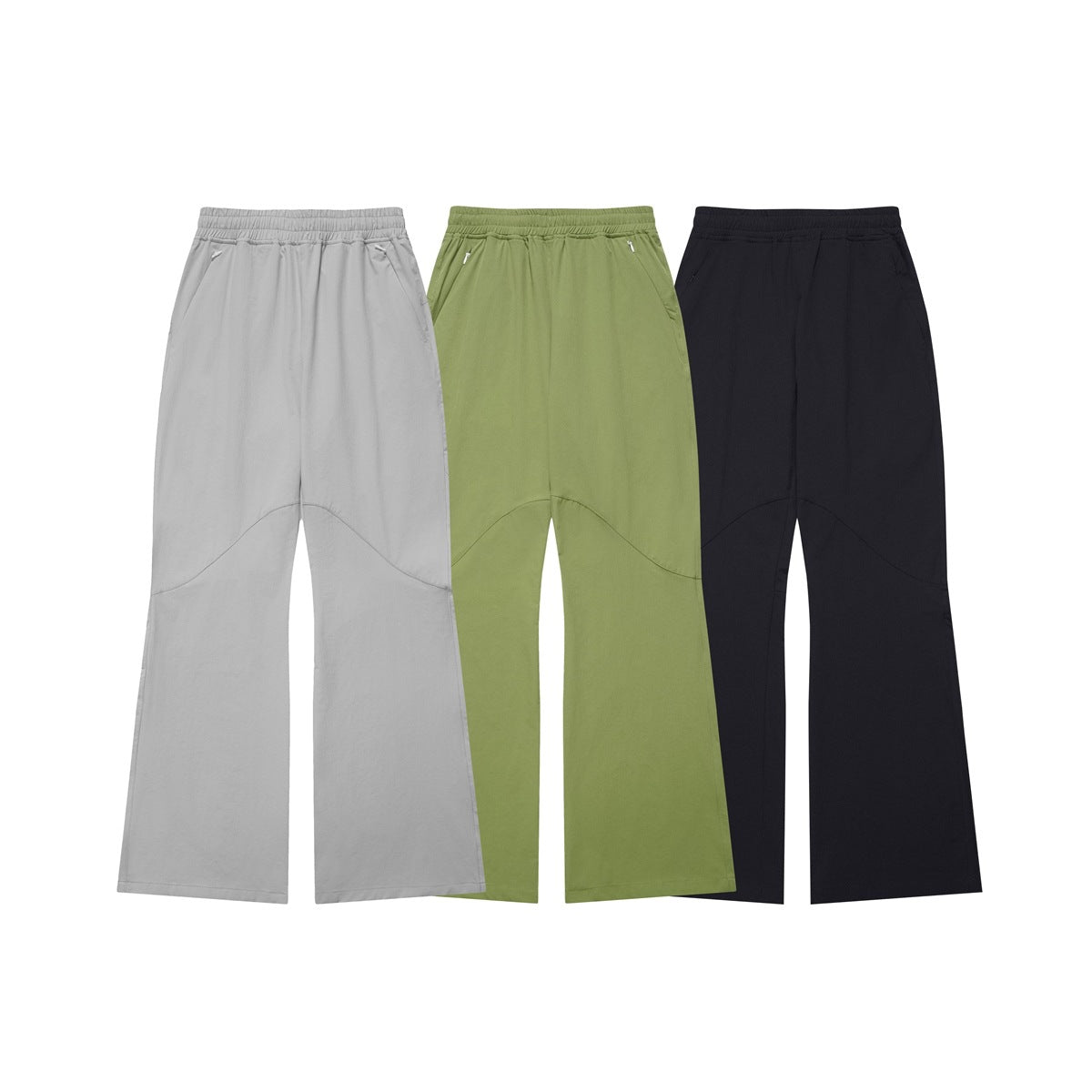 Three pairs of wide-leg pants shown together in light gray, olive green, and black.
