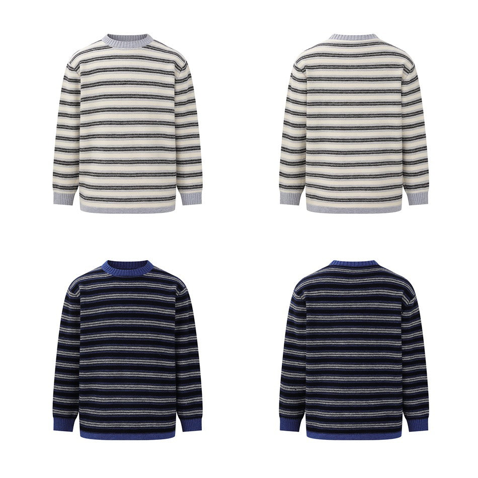 Front and back flat-lay views of the cream striped and navy-black striped crew-neck sweaters in a four-panel grid