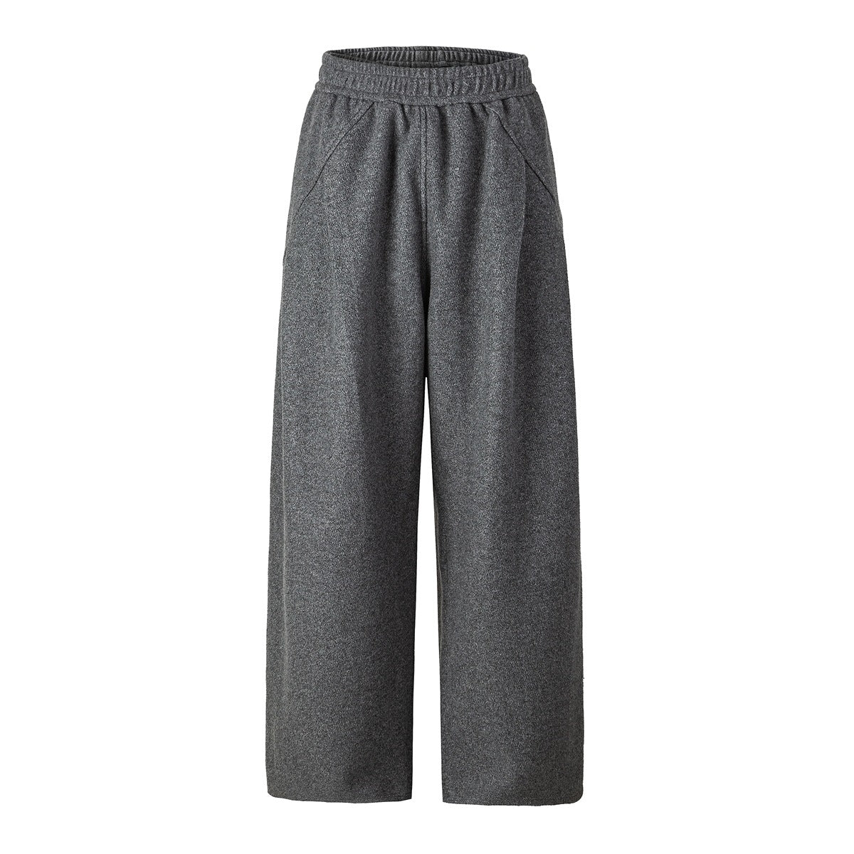 Gray wide-leg pants with an elastic waistband and diagonal front hip seams, flat front view