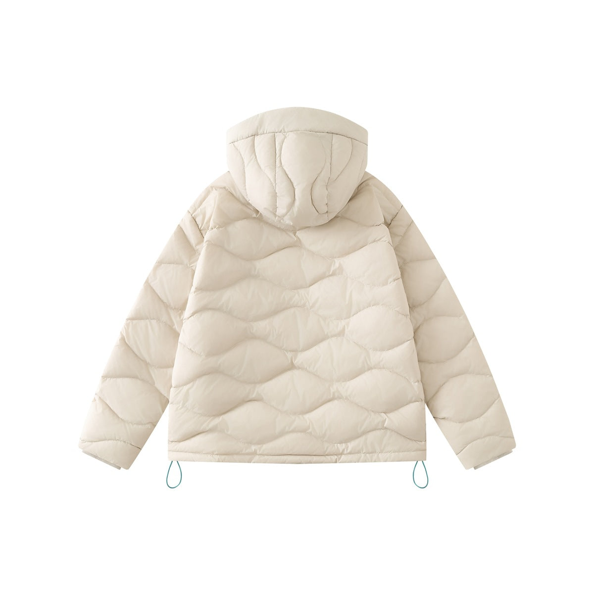 Back view of beige wavy quilted hooded puffer jacket with teal hem drawcord toggle