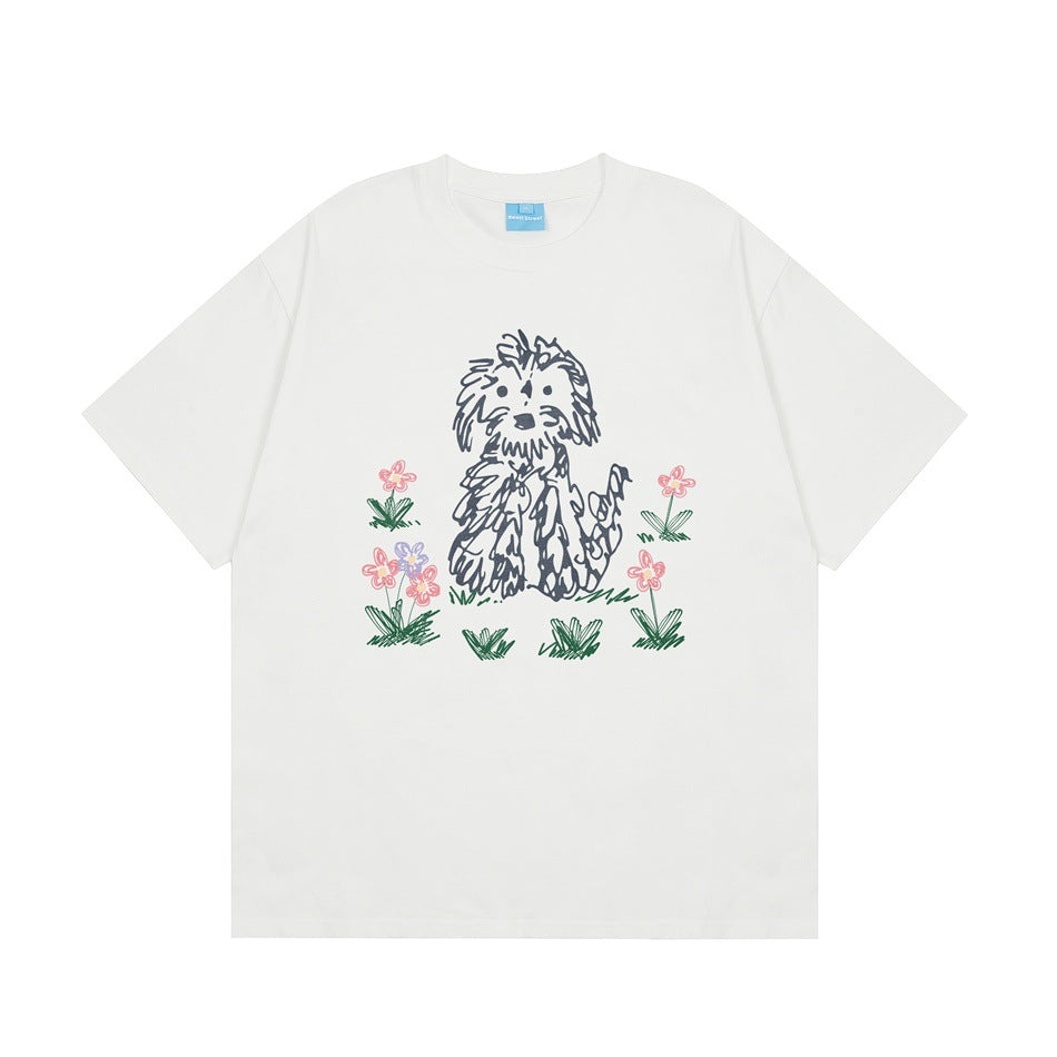 White short-sleeve crew-neck T-shirt with a scribble-style dog and pink flower graphic on the front