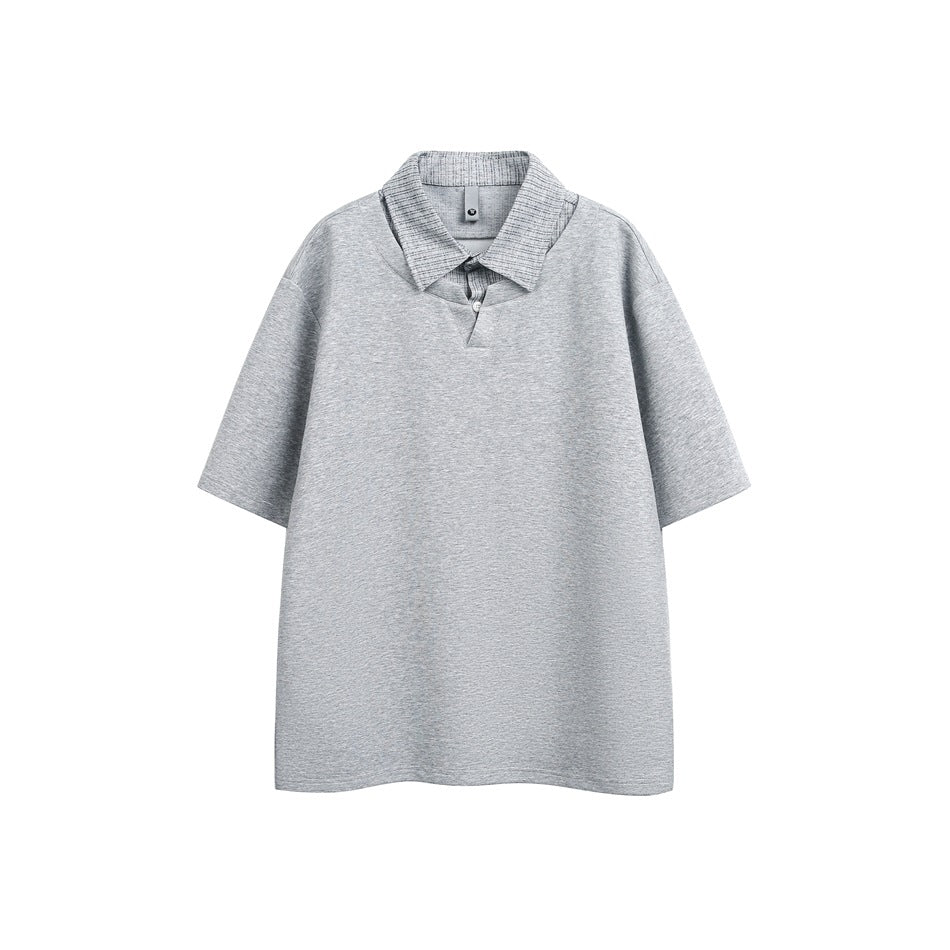 Gray short-sleeve top with a layered light striped shirt collar and button placket, flat front view