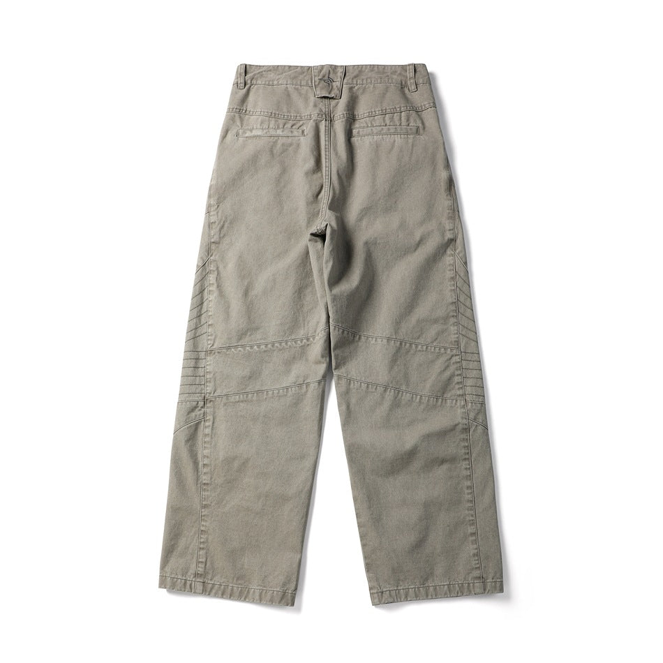 Back view of light gray-beige wide-leg pants with two welt pockets and stitched panel details.