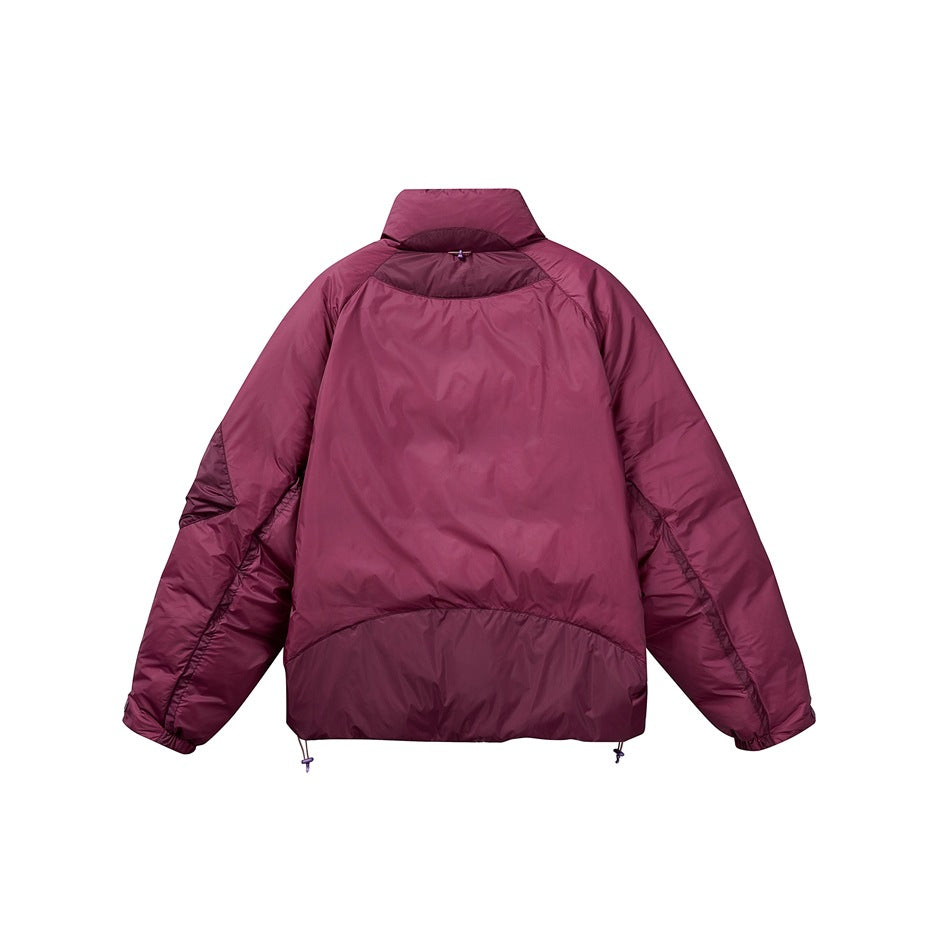 Back view of a burgundy puffer jacket with a high collar, curved paneling, and adjustable hem.