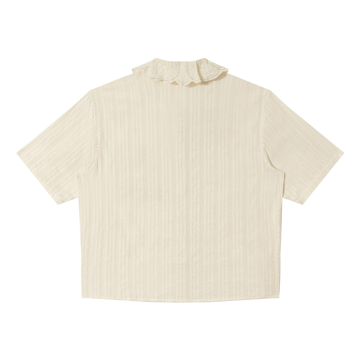 Back view of cream short-sleeve shirt with ruffled scalloped embroidered collar and vertical textured stripes