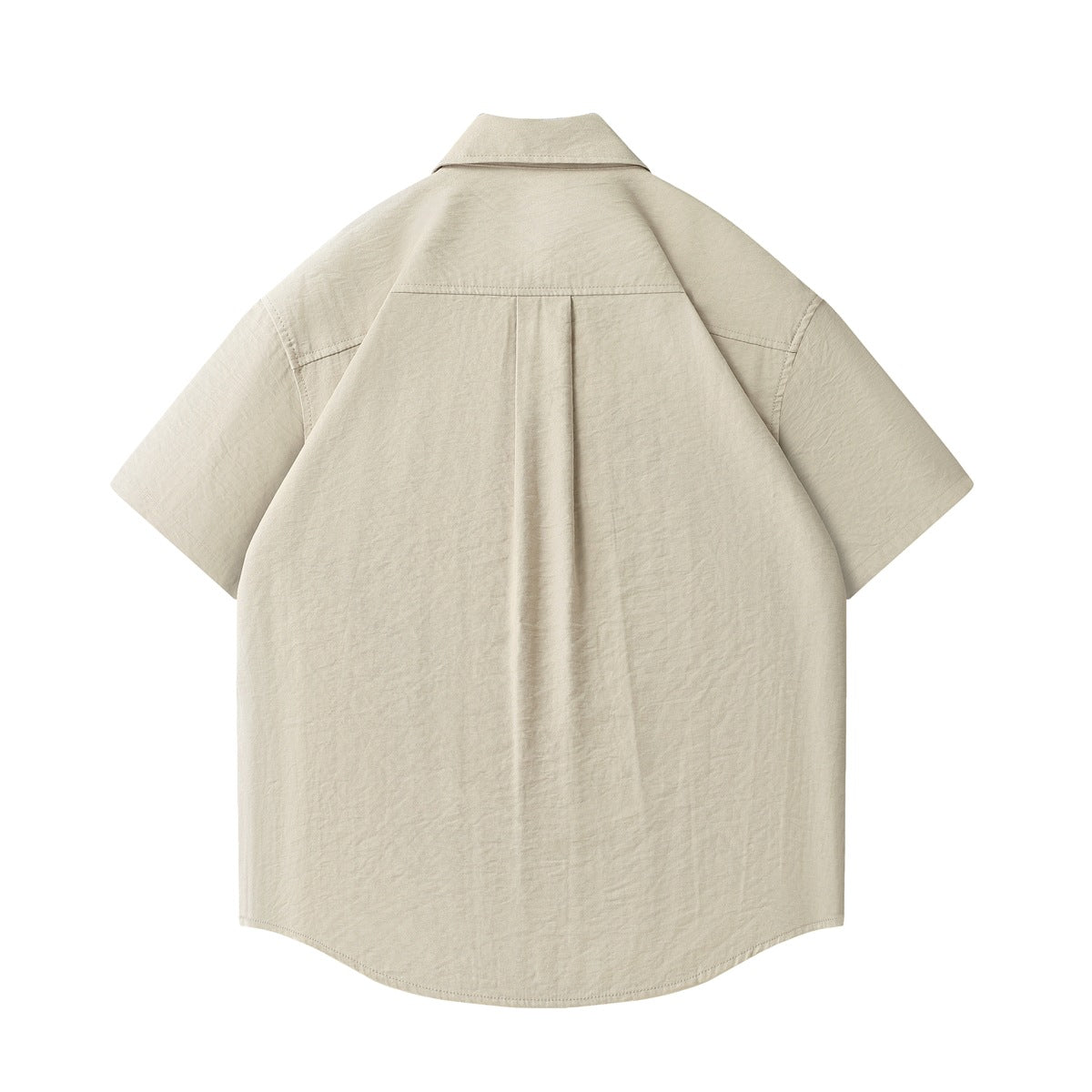 Back view of a beige short-sleeve button-up shirt with a pointed collar and center pleat.