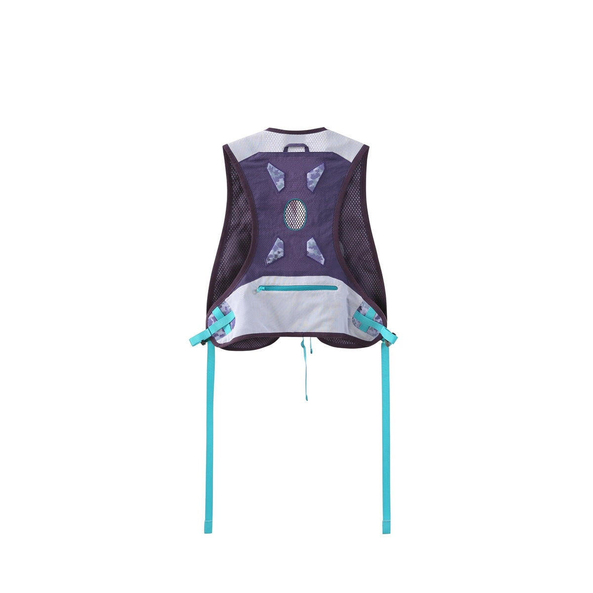 Flat-laid purple and pale mesh vest back with a turquoise-zip pocket, reflective details, and long turquoise straps.