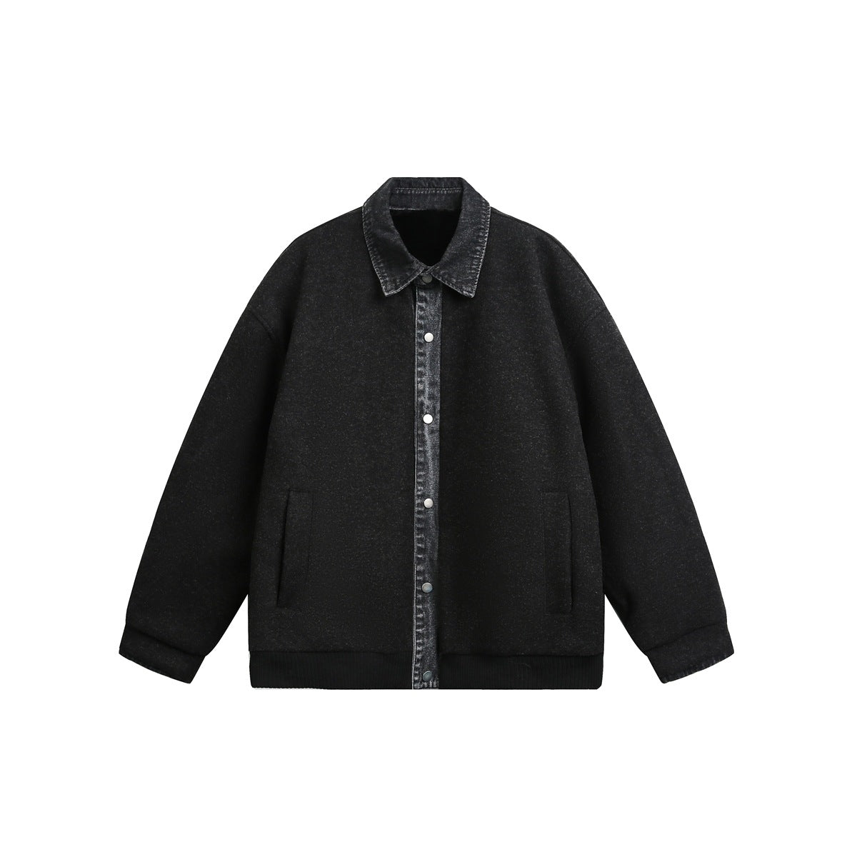 Black wool-look snap-front jacket with washed charcoal denim-look collar and placket, front pockets, ribbed hem, flat view