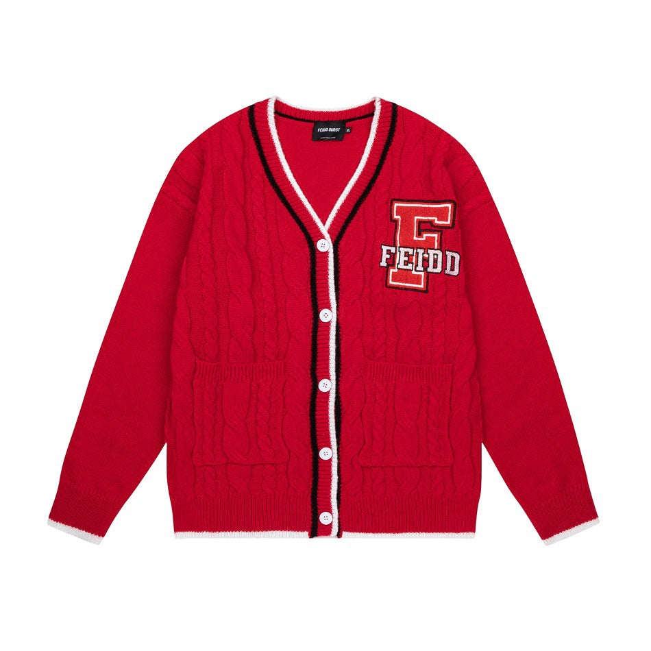 Red cable-knit V-neck cardigan with white and black trim, five buttons, front pockets and a letter F chest patch