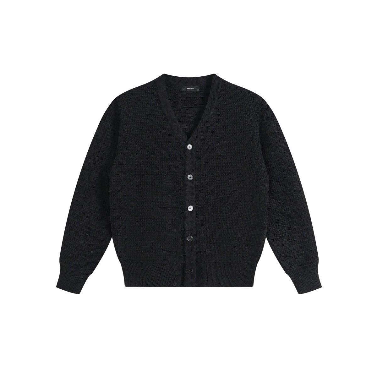 Black waffle-knit V-neck button-front cardigan with ribbed hem and cuffs, flat lay on white background