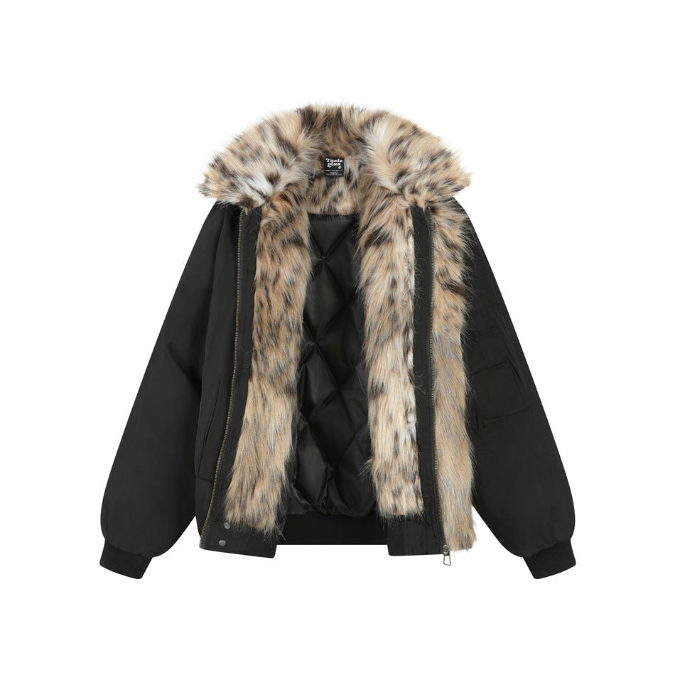Open black jacket showing leopard-print faux fur collar and front trim, zip edges and black diamond-quilted interior