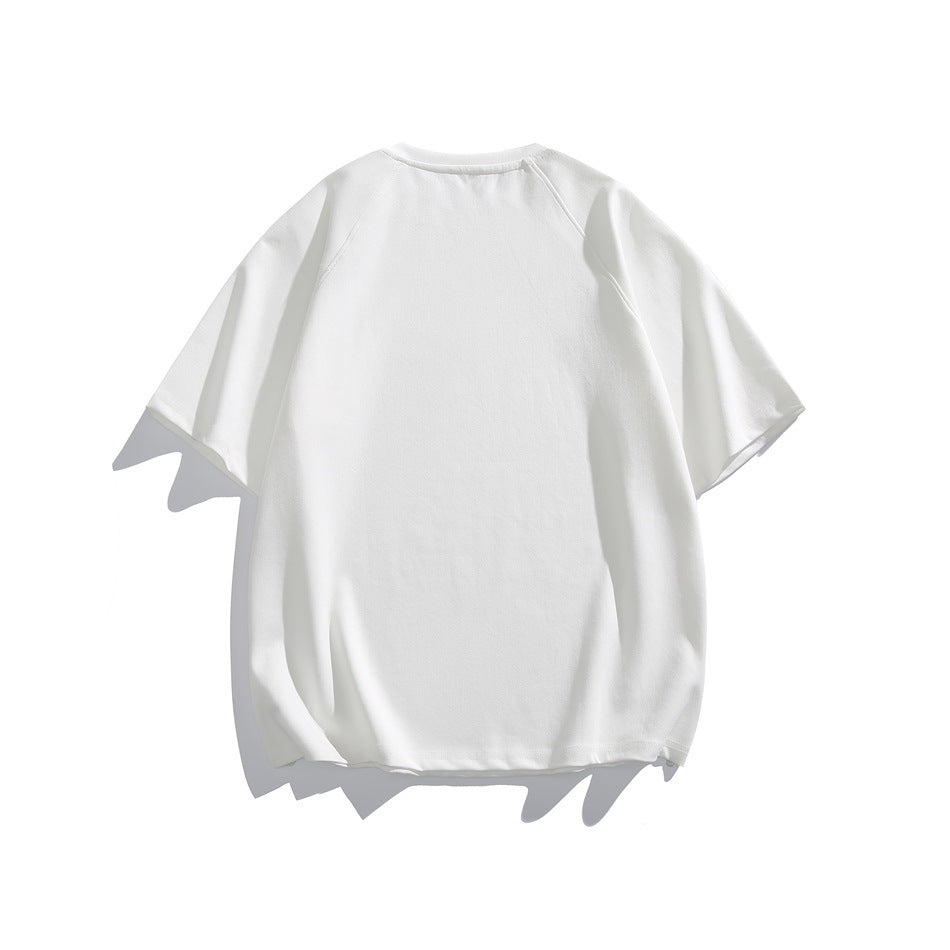 Back view of a plain white short-sleeve crewneck raglan top.