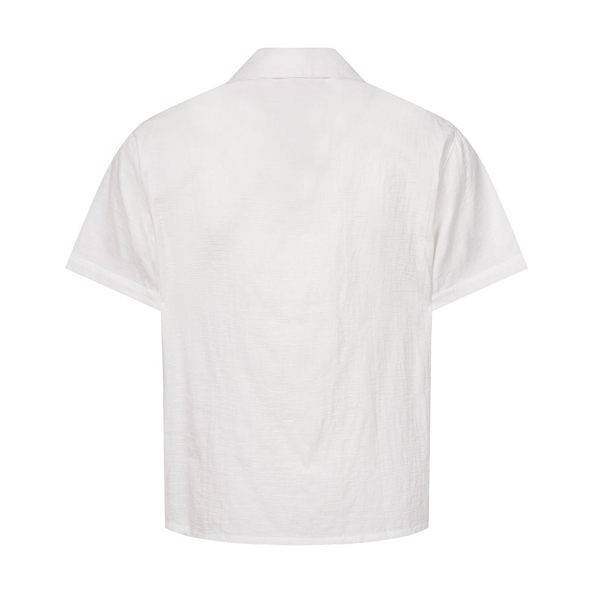 Back view of a white short-sleeve button-up shirt with a notched collar.