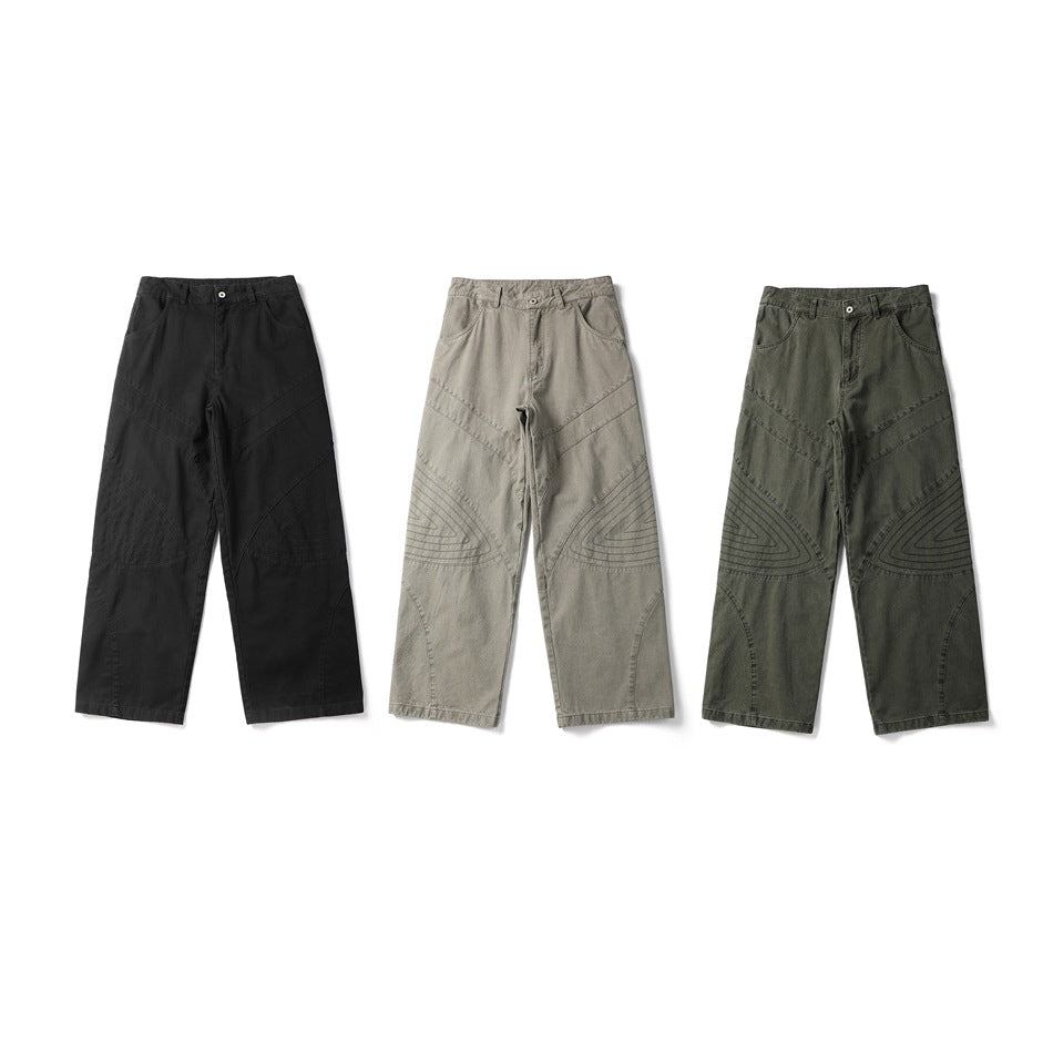 Three pairs of wide-leg pants shown from the front in black, light gray-beige and olive gray.