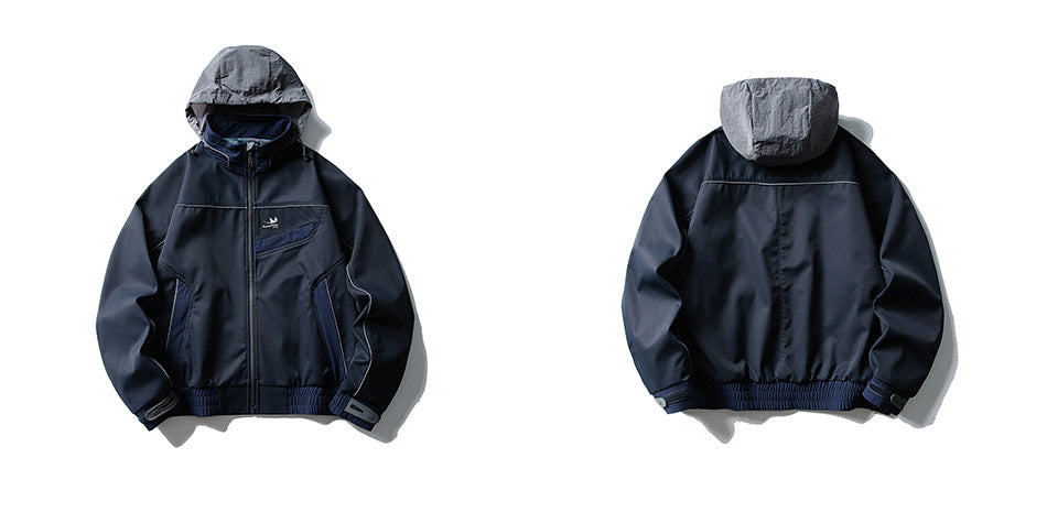 Navy hooded zip jacket shown from the front and back, with a gray hood lining and elastic cuffs and hem.