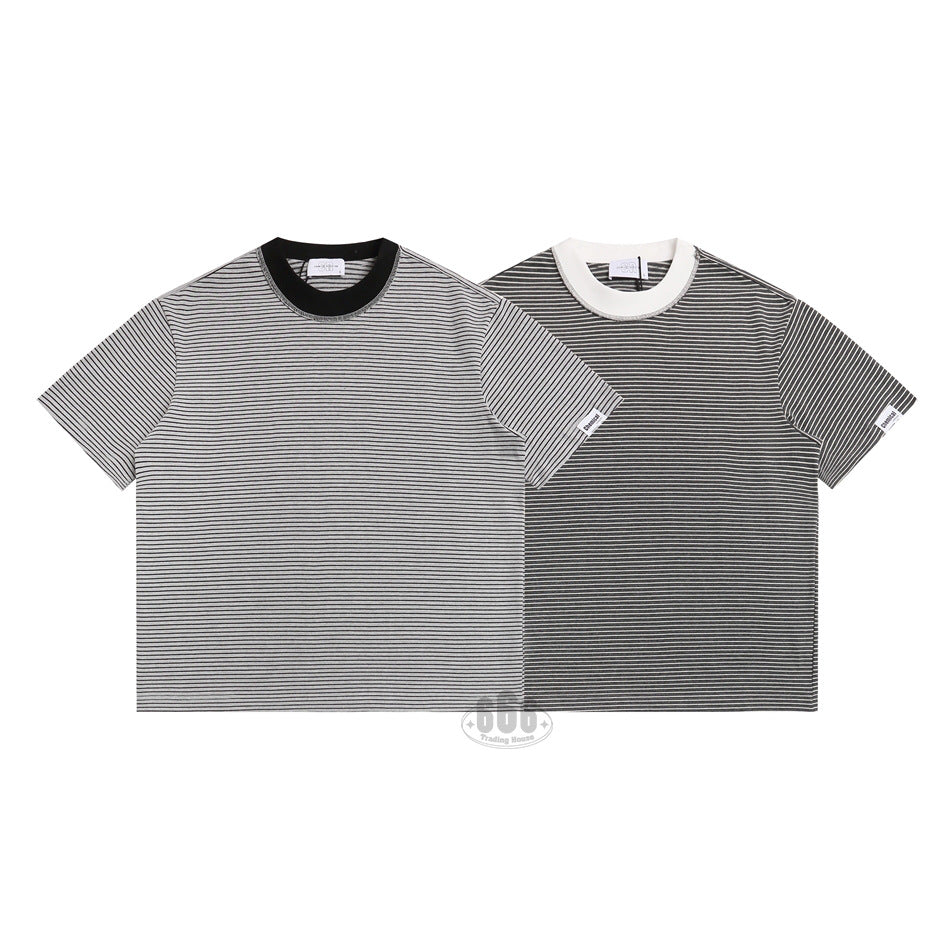 Two short-sleeve striped T-shirts shown from the front: light gray with a black collar and charcoal with a white collar.