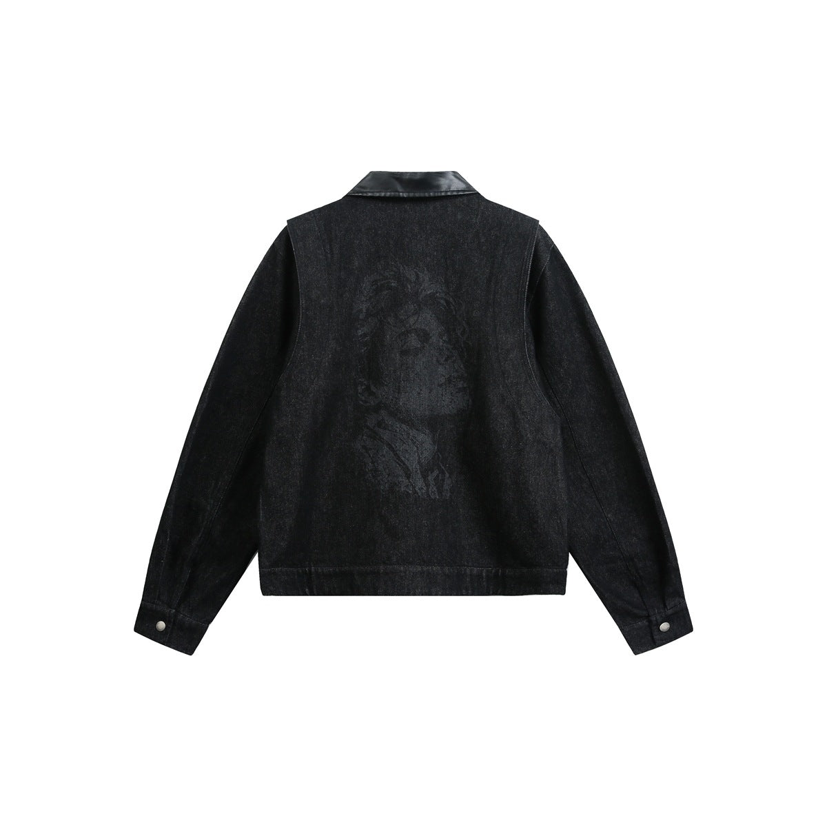 Back view of a black jacket with a subtle portrait graphic, pointed collar, long sleeves, and snap cuffs.