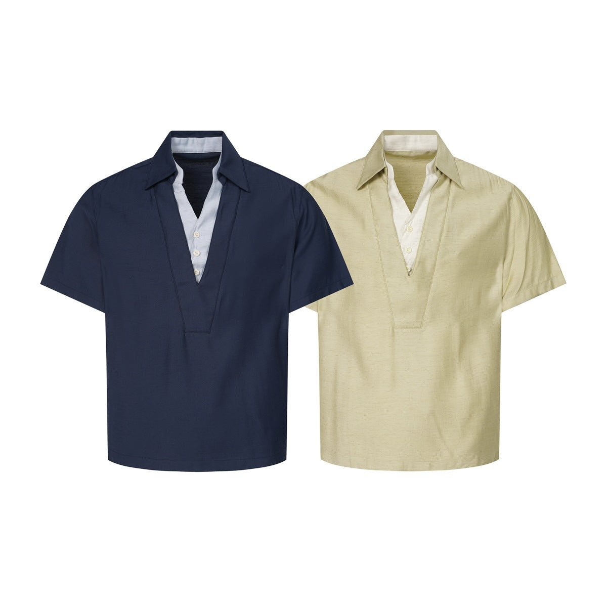 Two short-sleeve collared shirts shown from the front in navy and pale beige, each with a V-shaped button placket.