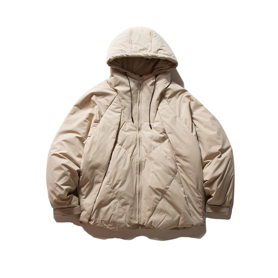 Front view of a light beige hooded jacket with a center zipper, black drawcords, angled pockets, and adjustable cuffs.