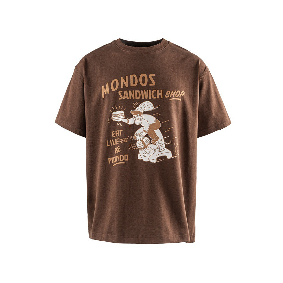 Brown short-sleeve crew-neck T-shirt with tan MONDOS SANDWICH SHOP chef-on-scooter graphic, flat front view