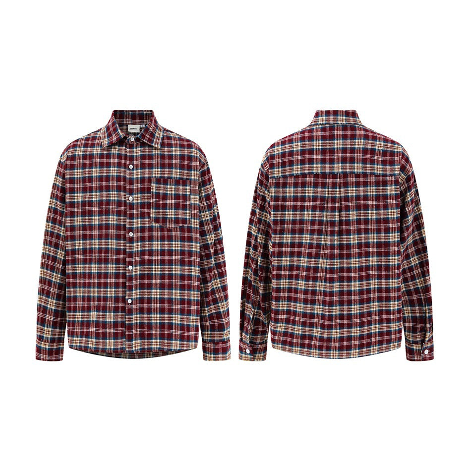 Front and back views of a long-sleeve burgundy, navy, cream and tan plaid button-up shirt with one chest pocket.