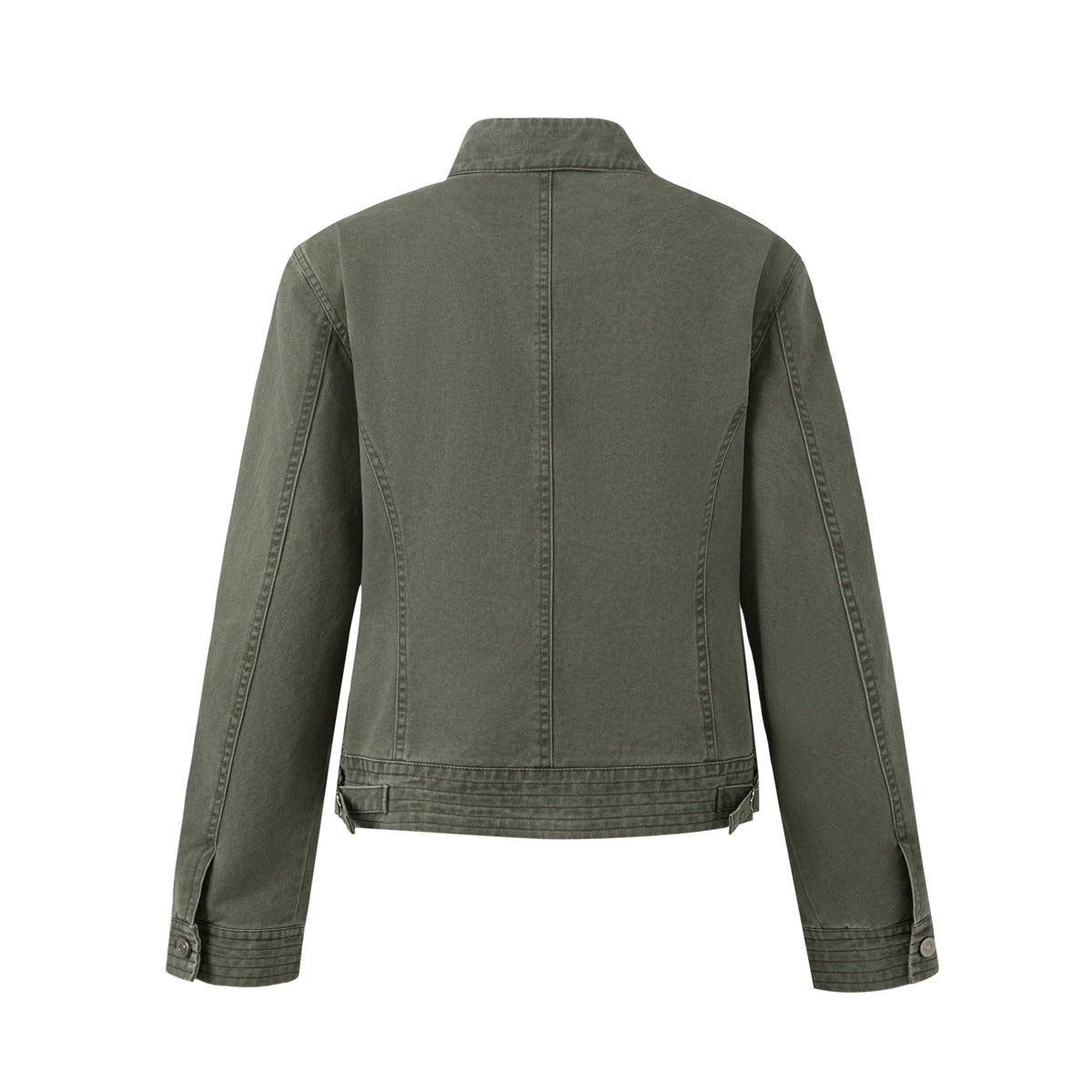 Back view of an olive jacket with a stand collar, center seam, panel stitching, and tabbed hem and cuffs.