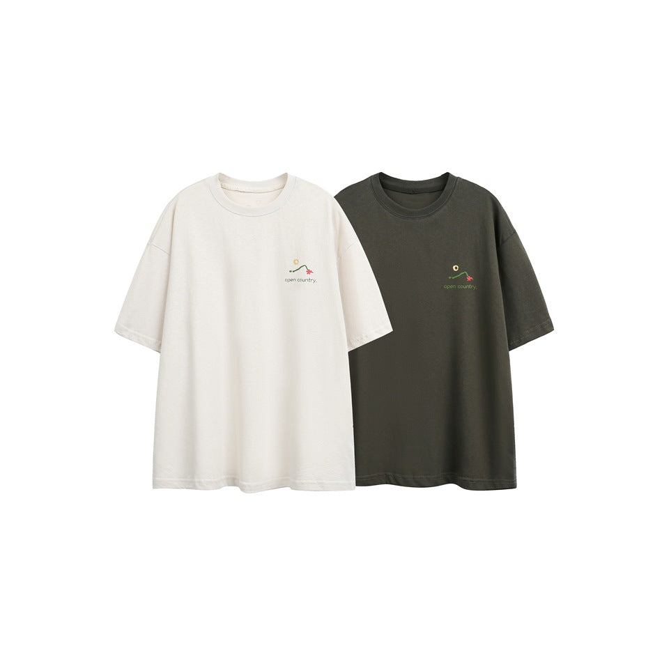 Off-white and dark olive T-shirts shown side by side, each with a small colorful chest graphic.