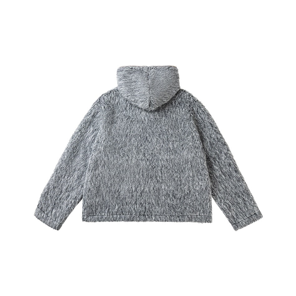 Back view of gray fuzzy hooded jacket flat lay showing the hood and textured body