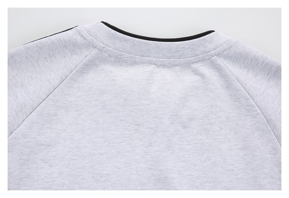 Cropped back view of a light gray heathered shirt with a ribbed crew neckline and raglan seams.