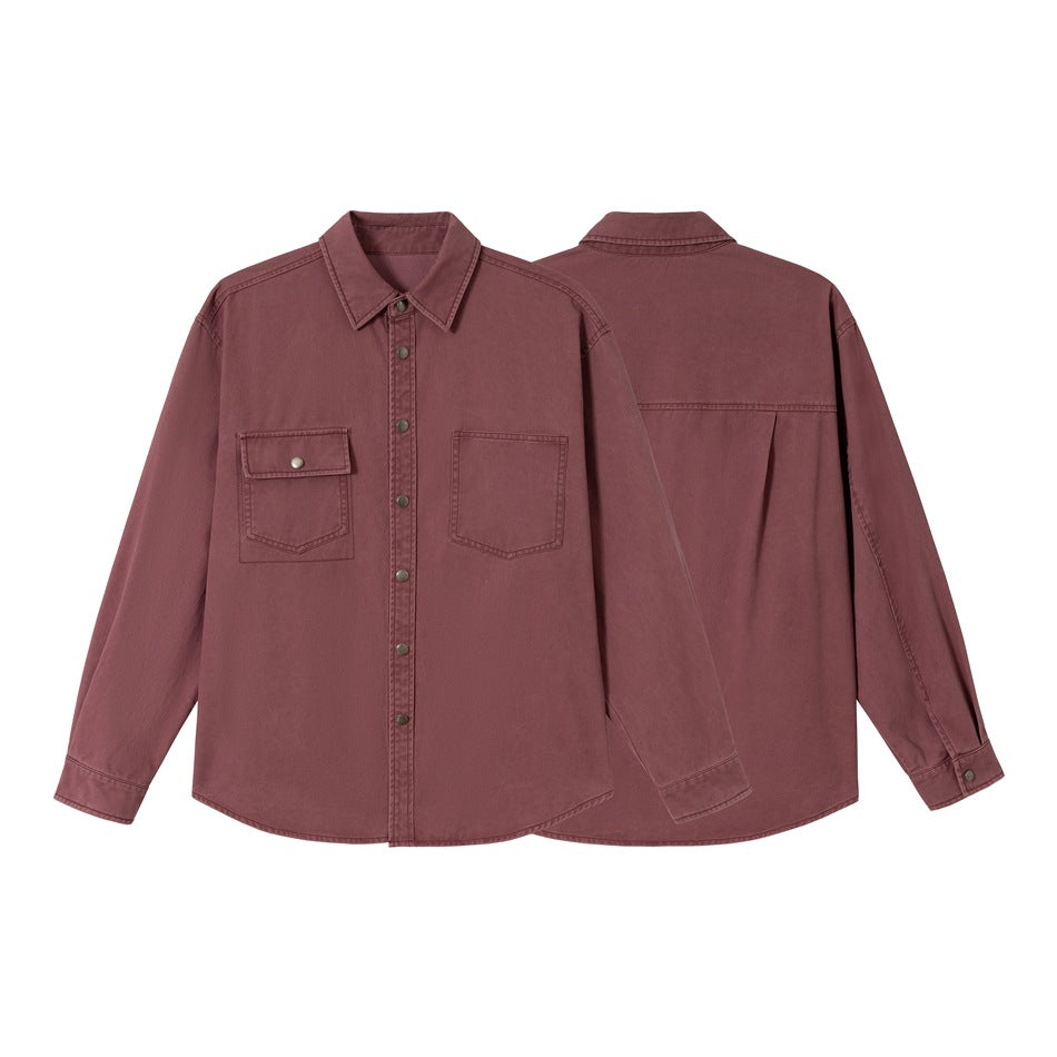 Dusty mauve long-sleeve button-up shirt shown from front and back, with a pointed collar and two chest pockets.