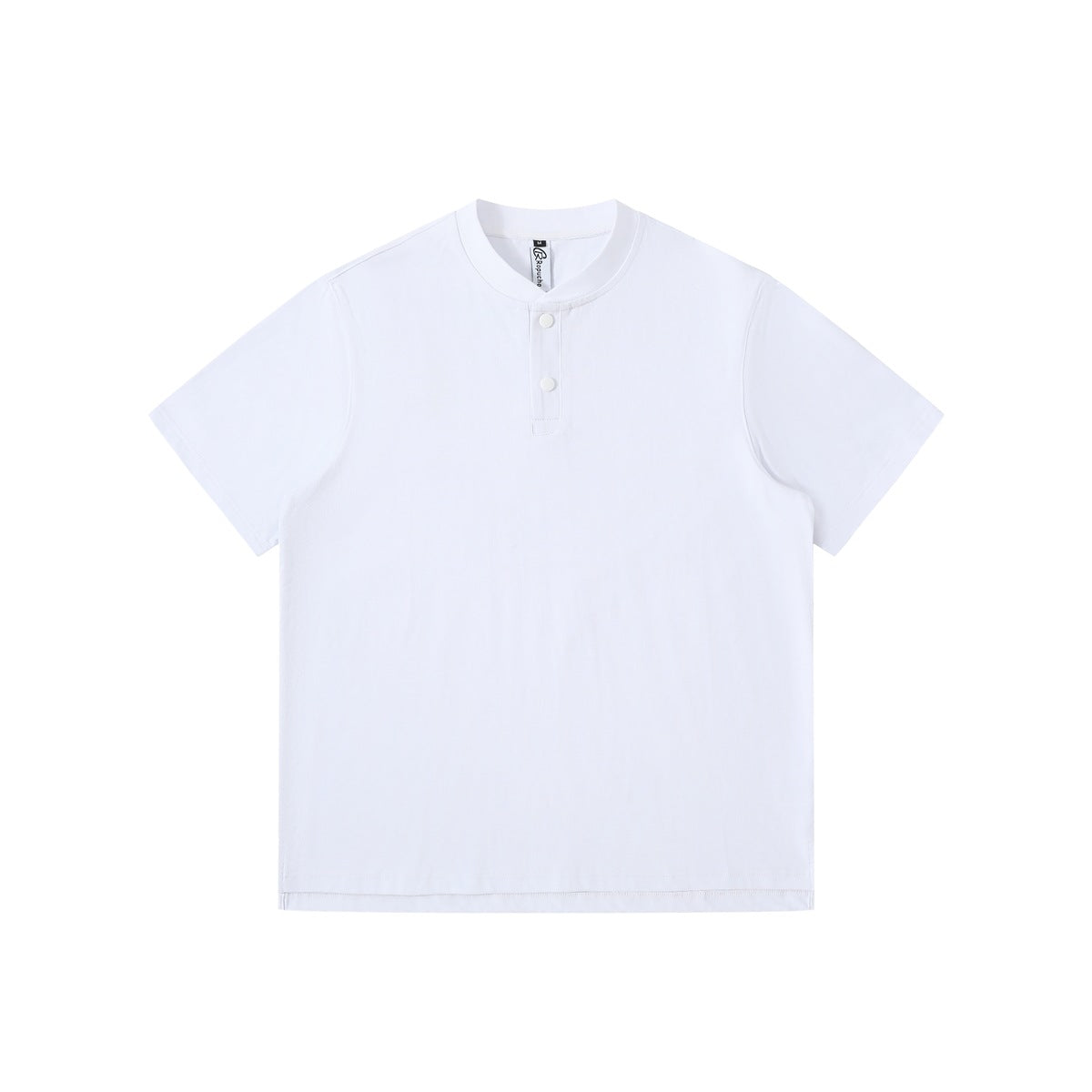 White short-sleeve henley T-shirt with ribbed stand collar and two snap buttons, flat front view