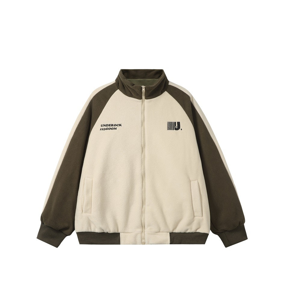 Apricot zip-up fleece-texture jacket with olive-green raglan sleeves, stand collar and ribbed cuffs and hem
