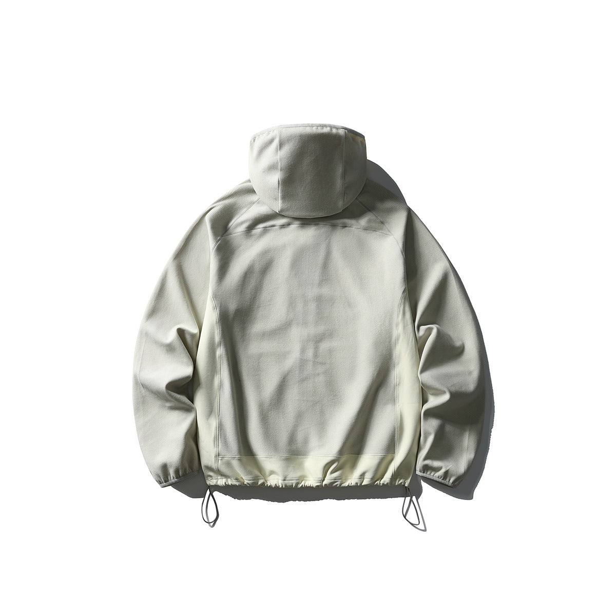 Rear view of a light gray-beige hooded jacket with gathered cuffs and adjustable drawcords at the hem.