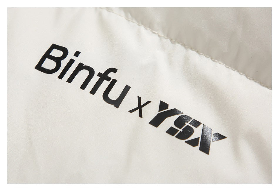 Black “Binfu x” graphic printed on the cream jacket lining.