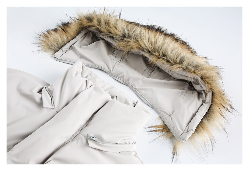 Close-up of the light beige coat's fur-trimmed hood, lining, and upper front.