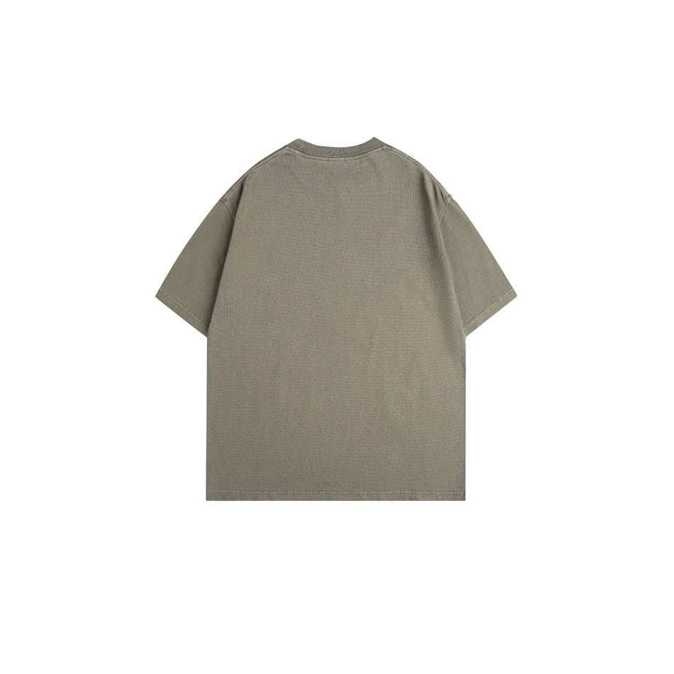Back view of an olive green washed short-sleeve crew-neck t-shirt with a plain back and dropped shoulders